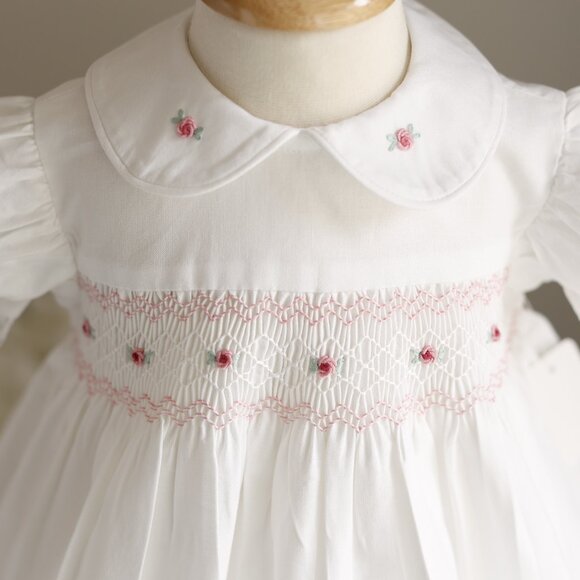 White Smocked Dress 9 Months Hand Embroidery Flower Girl Spring Portrait RARE - Picture 2 of 8